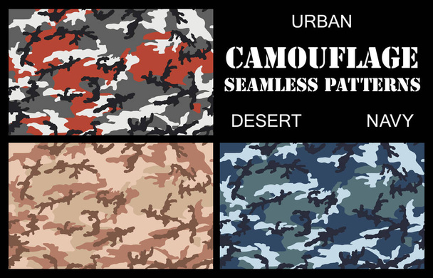 Set camouflage naadloze patronen. Stedelijk, woestijn en marine kleurenschema. - Vector, afbeelding