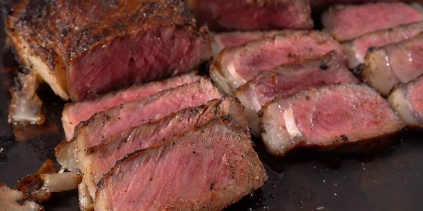 steaks on shot with selective focus Juicy medium Beef - Photo, Image