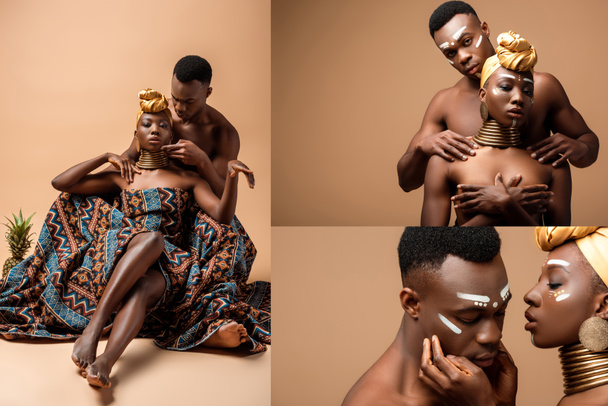 collage of naked tribal afro couple posing on beige background - Photo, Image