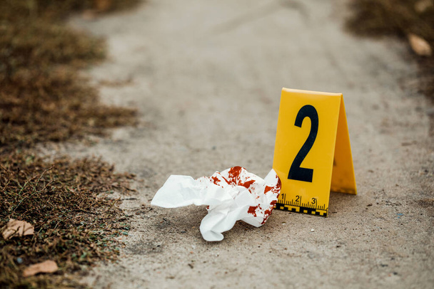 Investigação da cena do crime, faca ensanguentada com marcadores de crime no chão, provas de homicídio
. - Foto, Imagem