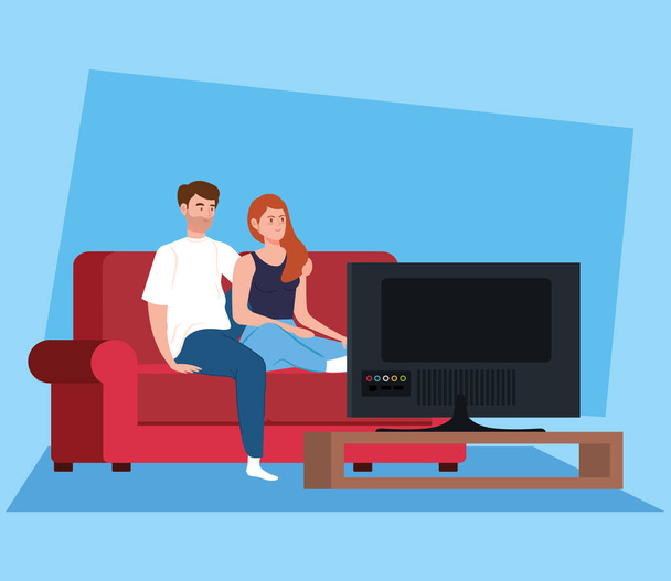 campaign stay at home with couple watching tv - Vector, Image