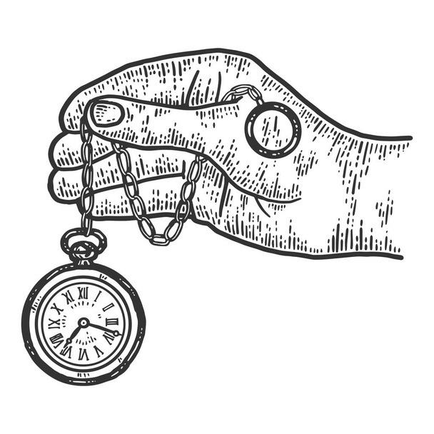 Mano masculina sostiene reloj de bolsillo. Boceto imitación tablero de rasca. - Vector, Imagen