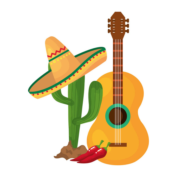 Isolated mexican cactus with hat and guitar vector design - Vector, Imagen