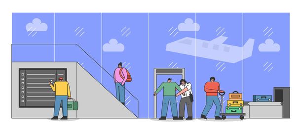 People In Airport Terminal. Men And Women Go Through Security Measures Procedures. Characters Have Security Screening, Check-in, Carry Luggage. Cartoon Linear Outline Flat Style Vector Illustration - Vector, Image