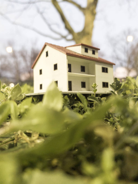Çimlerin üzerinde ev modeli. Emlak yatırımı. Yeni ev inşa kavramı - Fotoğraf, Görsel