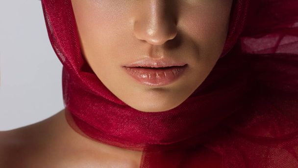 Cosmetics, makeup and trends. Bright lip gloss and lipstick on lips. Closeup of beautiful female mouth with natural lip makeup. Beautiful part of female face. Perfect clean skin in natural light - 写真・画像