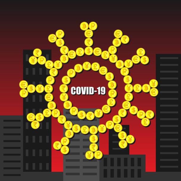空の都市の背景に異なる国の金の硬貨で構成されたコロナウイルスCOVID-19 。コロナウイルス、パンデミック、流行による経済の崩壊と衰退 - ベクター画像