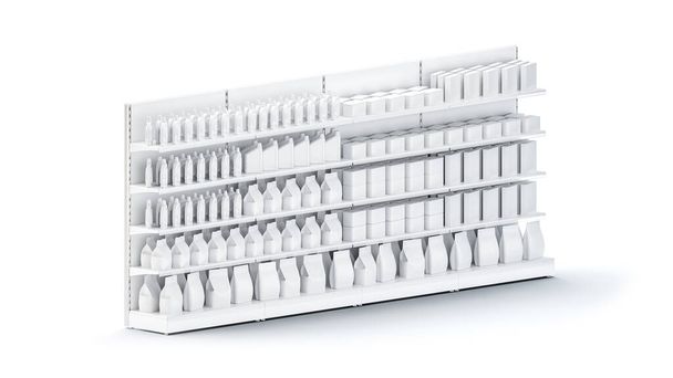 3D obraz čtyř regálů Supermarket Showcase Displeje s policemi s balíčky položenými v horní straně izometrického pohledu v řadě na izolovaném bílém pozadí. Může být bezproblémově vynásobeno v jedné řadě - Fotografie, Obrázek