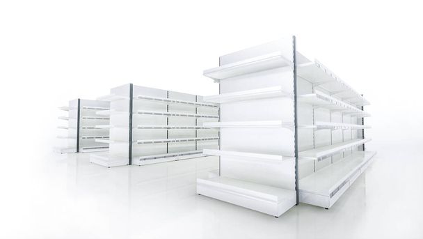 3D image side view with wide angle of grocery empty shelves staying in three rows on blank white background. Whith Front/End shelves displays. - Photo, Image