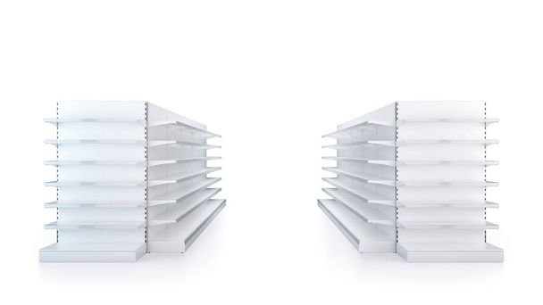 3D изображение Два ряда витрин супермаркета с полками на белом фоне
 - Фото, изображение