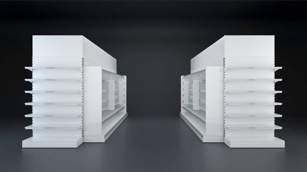 3D изображение Два ряда витрины супермаркета с полками, топперами, пробки и боковые пробки на темном фоне
 - Фото, изображение