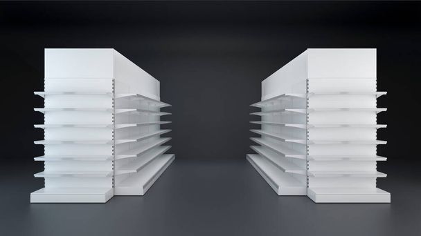 Imagen 3D Dos filas de escaparates de supermercados Muestra con estantes y toppers permaneciendo en la vista frontal sobre fondo oscuro
 - Foto, imagen