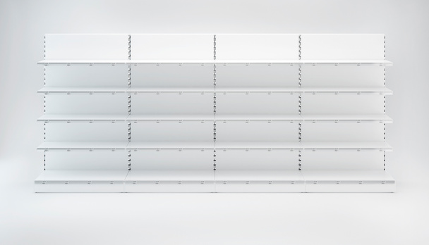 3D зображення Чотири супермаркети Вітрина Вітрина з полицями, що залишаються на передньому плані в рядку на білому тлі
 - Фото, зображення