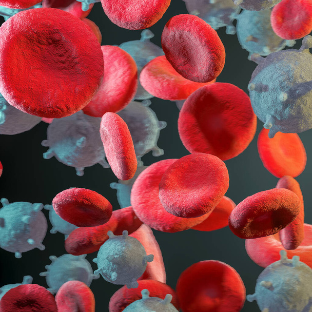 3D obrazový vzor různých barevných nebezpečných koronavirových / virových molekul s krevními buňkami na tmavém izolovaném pozadí - Fotografie, Obrázek