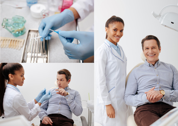 κολλάζ οδοντιατρικών οργάνων και ο άνθρωπος δείχνοντας με το δάχτυλο σε μεσοδόντια βούρτσα καθαρισμού κοντά στην ευτυχισμένη Αφροαμερικανός οδοντίατρος - Φωτογραφία, εικόνα
