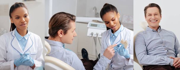 Hasta kolajı, lateks eldivenli çekici Afrika kökenli Amerikalı dişçinin yanındaki diş paletini işaret ediyor. - Fotoğraf, Görsel