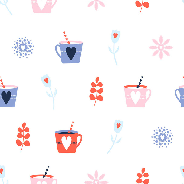 Безшовний вектор Візерунок з барвистими чашками чаю та сердечками, білий фон, для прикраси, канцелярських товарів, паперу, журналу, друку, текстилю, тканини
 - Вектор, зображення