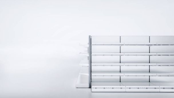 3D-beeld van de zijkant van kruidenierswinkel leeg Front / End planken verblijf in een rij op blanco witte achtergrond. Goed voor de mockup van supermarkt. - Foto, afbeelding