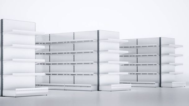 3D beeld van kruidenierswinkel lege planken verblijf in een rij met Front / End planken op blanco witte achtergrond. Goed voor de mockup van supermarkt. - Foto, afbeelding