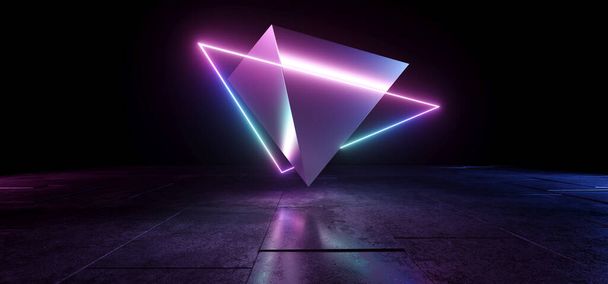Неонова флуоресцентна наукова піраміда, що світиться орбіта лінія лазер фіолетовий блакитний промінь футуристичний фон бетон гранж темний підземний гараж тунель коридор 3D рендеринг ілюстрація
 - Фото, зображення