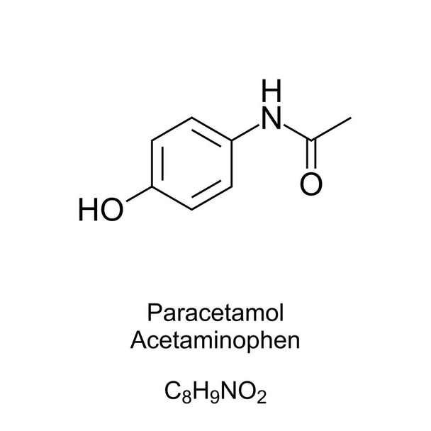 パラセタモール、式および分子構造。アセトアミノフェンおよびAPAPとして知られています。痛みや発熱を治療するために使用されます。健康システムに不可欠な薬の一つ。英語。イラスト。ベクトル - ベクター画像