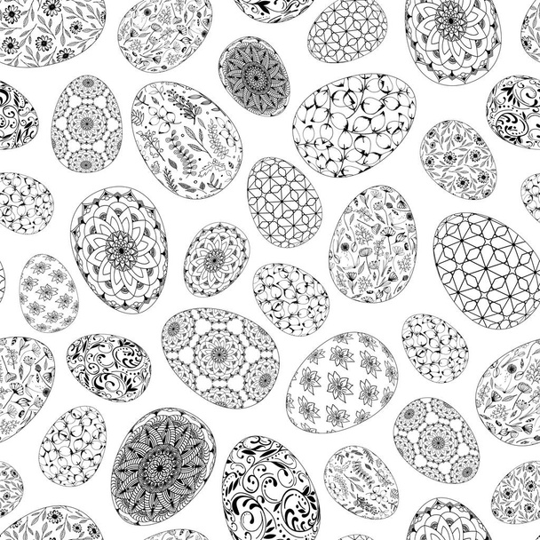 Hand drawn seamless pattern eggs with floral patterns, mandala, curls, flowers, leaves, plants, geometric. Ornate illustration at Easter, greeting card, invitation, wallpaper, wrapping paper, textile - ベクター画像