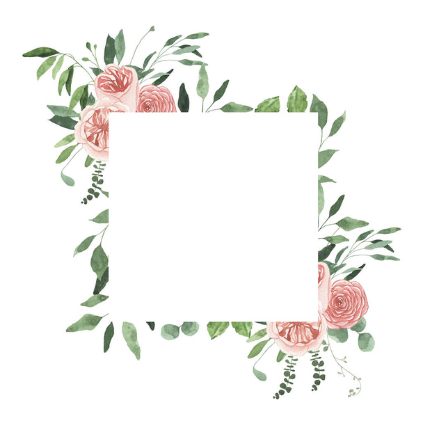 Watercolor summer floral fields frame with rose flowers greenery leaves foliage isolated. Floral spring frame blossom boho illustration wedding invitation save the date card - Photo, image