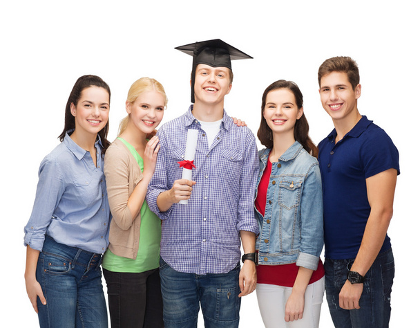 Group of standing smiling students with diploma - Fotografie, Obrázek