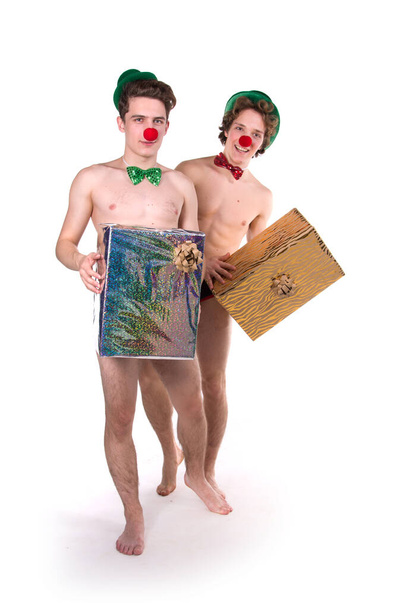 Holidays. Two funny young guys. White background. - Foto, Imagem