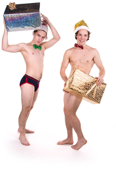 Holidays. Two funny young guys. White background. - Photo, Image