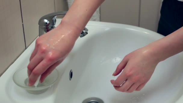 woman hand washing with soup. Hygienic clean hands close up. - Footage, Video