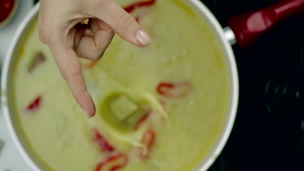 vrouwenhand gooien kruiden dobbelstenen in soep - Video