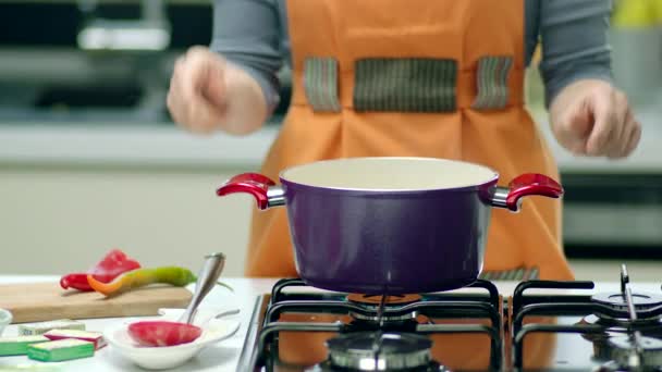 Woman cooking soup in pan at kitchen  - Felvétel, videó