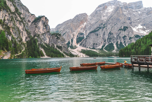 landscape view if italy braies lake in Dolomites Alps. copy space - Foto, Bild
