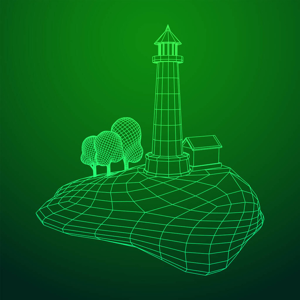 Lighthouse on rock stones island landscape. Navigation Beacon building. Wireframe low poly mesh vector illustration. - Vetor, Imagem