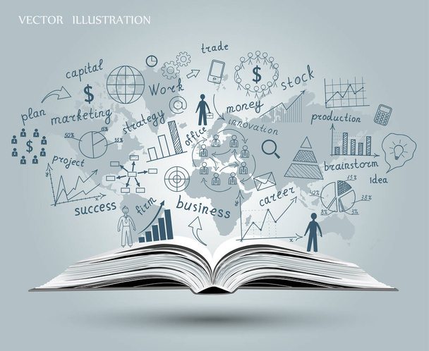 Disegnare grafici e grafici idea di business plan strategy plan su un libro aperto. Illustrazione design moderno modello. Calligrafia
 - Vettoriali, immagini