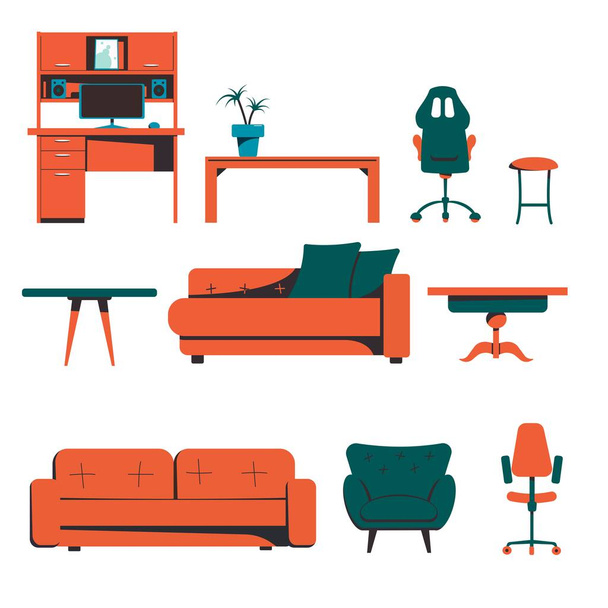 Una serie di mobili di camera, una scrivania, un tavolino, un sofà, una sedia. Illustrazione vettoriale piatta isolata su sfondo bianco
. - Vettoriali, immagini