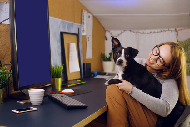 Dziewczyna z psem siedzi w domu przy biurku. Dziewczyna pomiędzy pracą wolnego strzelca bawi się z psem. Dziewczyna uczy się w domu, pies w ramionach. Komputer zielony ekran - Zdjęcie, obraz