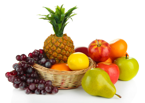 Ripe fruits in basket isolated on white - Photo, Image
