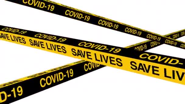 Kwantitatief. Blijf thuis. Gele waarschuwingsbanden in beweging. Covid-19 Virus tape Zwarte en gele lijn gestreept. - Video
