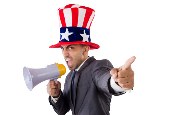 Man with loudspeaker and american hat - Photo, Image