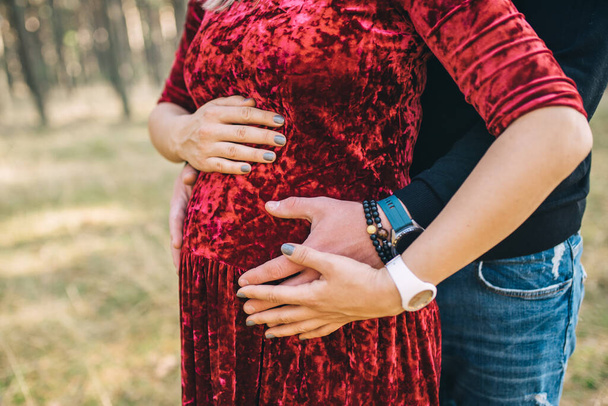 Cropped image of a beautiful pregnant woman and her handsome husband hugging the tummy - Photo, Image
