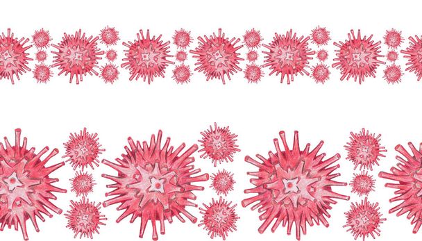 Σταματήστε ncov coronavirus 2019 μόλυνση εξαπλώνεται. Κίνδυνος πανδημίας. Απρόσκοπτη περίμετρος από μολύβια ακουαρέλας ζωγραφισμένη στο χέρι εικονογραφήσεις ιών ιών και γραμμάτων σε στυλ κινουμένων σχεδίων. - Φωτογραφία, εικόνα