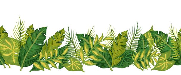 Tropická dlaň opouští hladký vektorový okraj. Exotická příroda opakuje vzorec. Květináče z džungle. Monstera, Philodendron a Areca Palm Leaf. Pro výzdobu karet, zápatí, letní dekorace - Vektor, obrázek