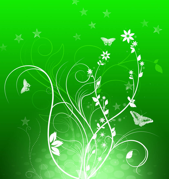 Tyylikäs vihreä tausta pyörteitä, kukkia ja perhosia ja tilaa tekstin. Kevään kuva
. - Valokuva, kuva