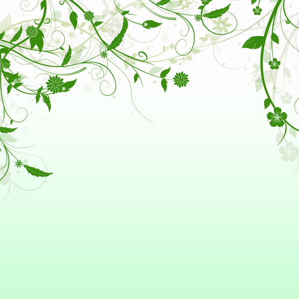 Elegante fondo blanco y verde con remolinos, flores y mariposas y espacio para tu texto. Ilustración primavera
. - Foto, Imagen