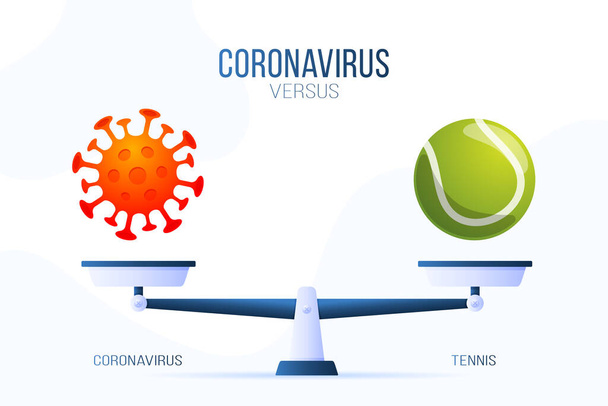 Coronavírus ou ilustração vetorial de tênis. Conceito criativo de escalas e versus, De um lado da escala está um vírus covid-19 e no outro ícone de bola de tênis. Ilustração vetorial plana
. - Vetor, Imagem