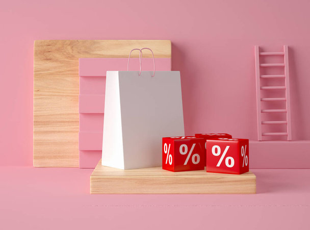 3D Illustration. Red dice with percent sign for discount and shopping paper bag on pastel color background. Discount and sale concept. - 写真・画像