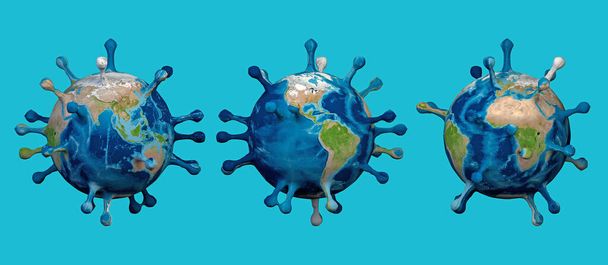 Mappa del mondo e del virus, pandemia mondiale. Covid-19. Mondo con la forma di Coronavirus. Resa 3d. Continenti: Asia, America, Oceania, Africa ed Europa. Contagio universale
. - Foto, immagini