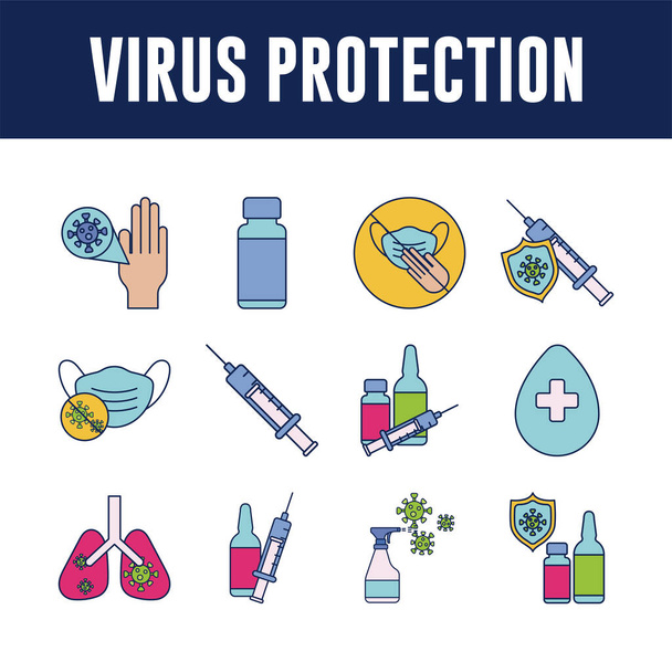set of icons vaccination medical immunization, line and fill style icon - Vector, Image
